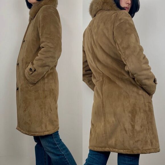 Vintage Brown Tan Dana Buchman Faux Fur Shearling Coat with Fur Collar - Picture 3 of 8